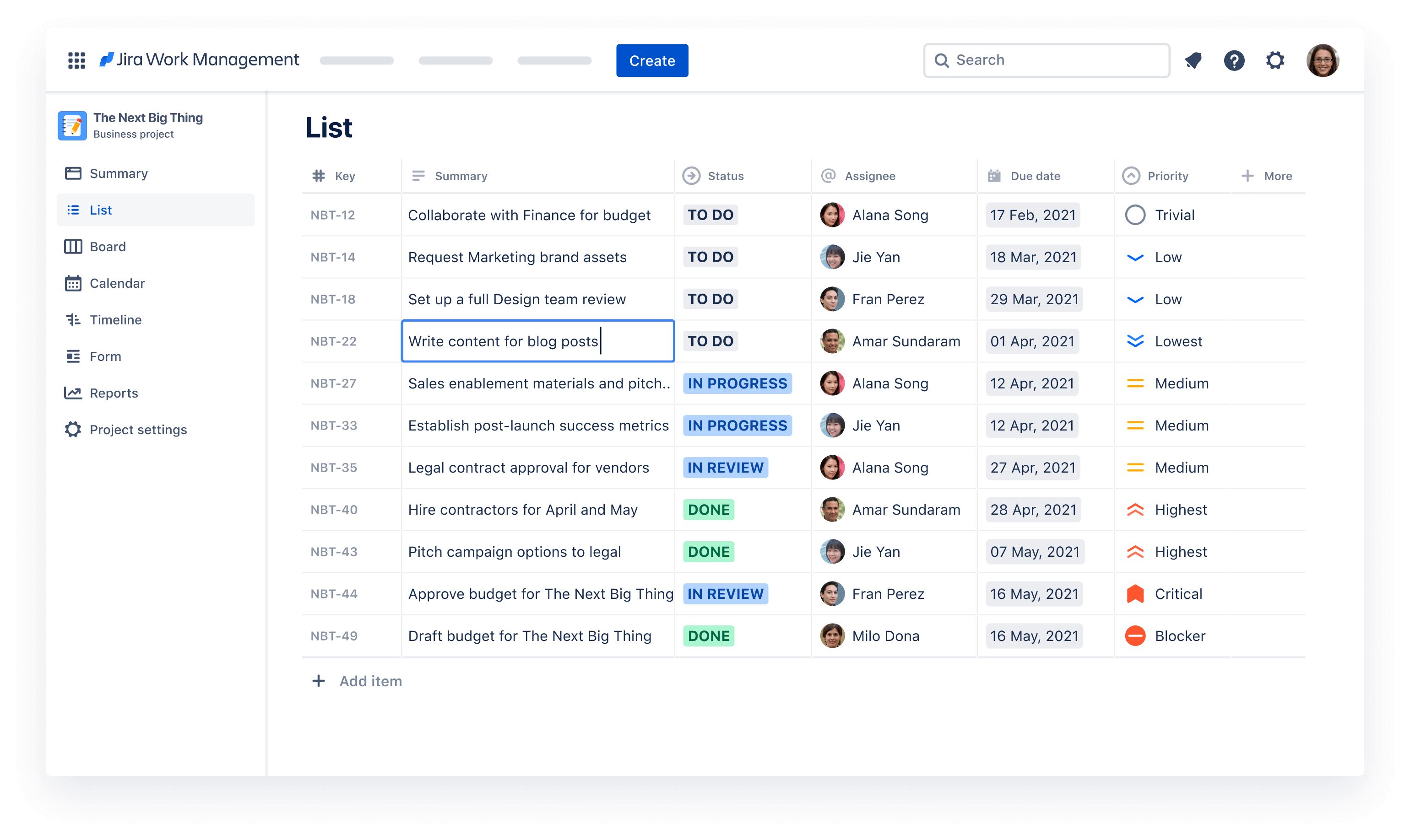 Jira Work Management's new list view